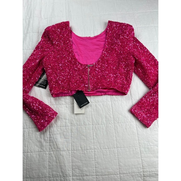 Retrofete‎ Sequin Crop Top Long Sleeve Pink Sparkly Glam Size L NWT - Picture 7 of 9